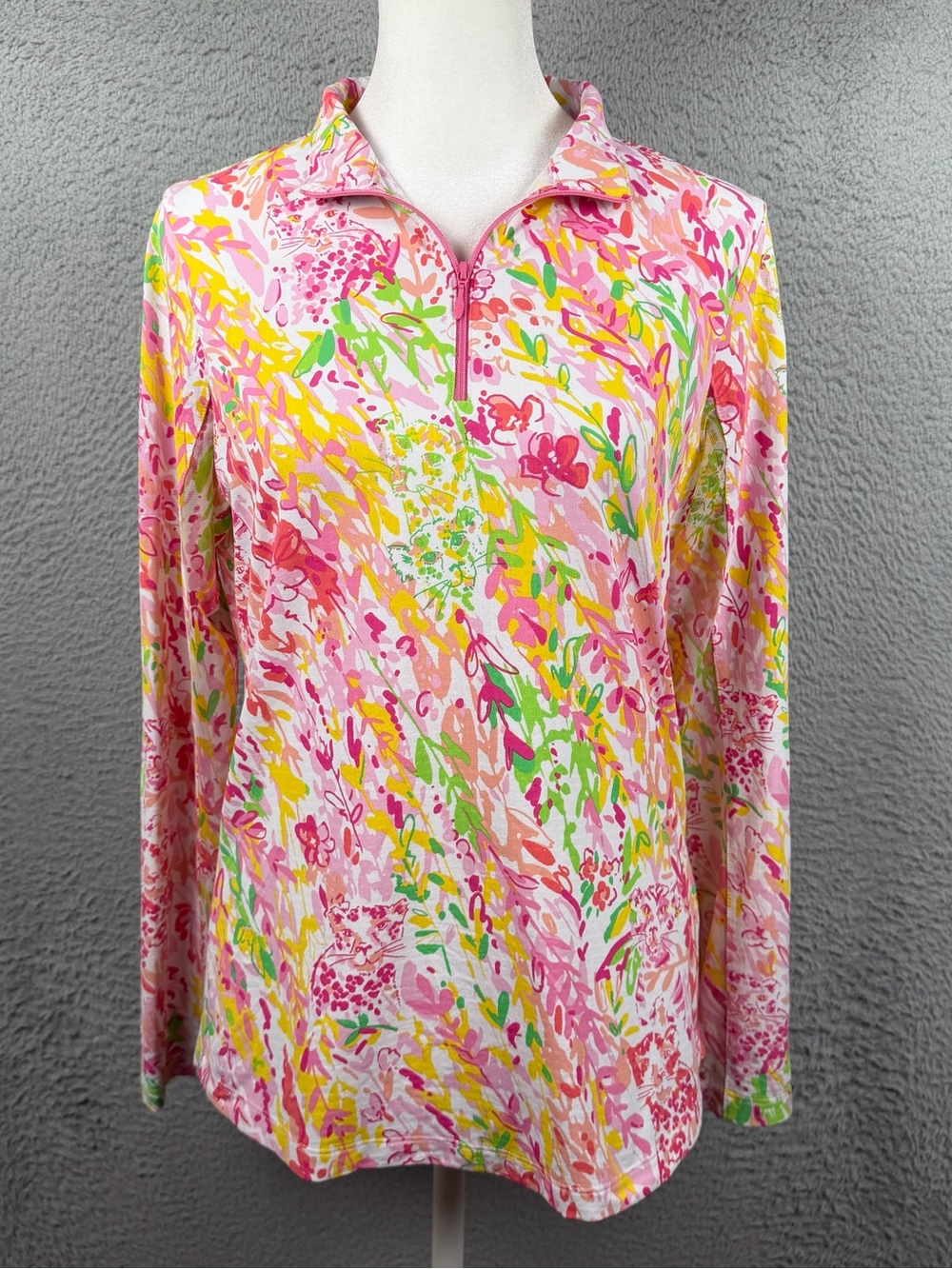 IBKUL Top Womens S Pink Floral Animals Quarter Zip Performance LS UPF 50+ Golf